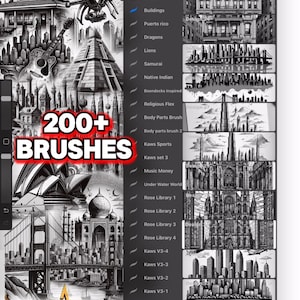 Puede incluir: Interfaz de una aplicación de arte digital que muestra una biblioteca de pinceles con varias categorías como Edificios, Dragones y Kaws Sports. La pantalla muestra una selección de pinceles, con una pancarta prominente "200+ BRUSHES". La dirección del sitio web inkstarztattoo.com es visible.