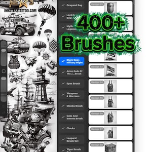 Peut inclure: Interface d'application de conception d'art numérique sur le thème militaire. L'interface affiche une bibliothèque de pinceaux, dont "Black Opps Military Might" et "Weapons & Warriors". Le texte "400+ Brushes" est bien en évidence. L'arrière-plan comprend des illustrations militaires.