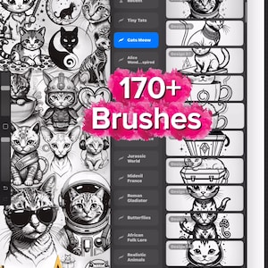 Cat Outline Procreate Brushes: 170+ Feline Stamps, Tattoo Flash