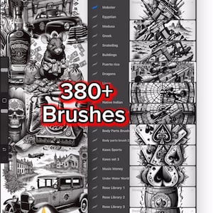 Op de afbeelding: Zwart-wit digitale illustratie met een tattoo-penseelbibliotheek met meer dan 380 penselen. De afbeelding bevat illustraties van wapens, speelkaarten en oldtimers. De tekst op de afbeelding luidt "380+ Brushes" en "INKSTARZTATTOO.COM".