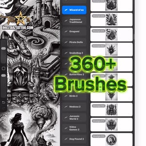 Puede incluir: Interfaz de aplicación de arte digital que muestra una biblioteca de pinceles y diseños. La interfaz muestra categorías de diseño como "Wizard of Oz" y "Japanese Traditional". El texto "360+ Brushes" se muestra de forma destacada.