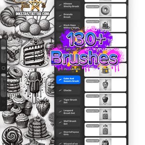 May include: Digital art brushes for Procreate, featuring a variety of designs including cakes, sweets, and other illustrations. The image displays a selection of brush sets, with the text "130+ Brushes".