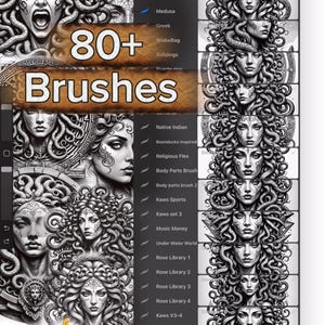 Puede incluir: Pinceles de arte digital para Procreate, con diseños inspirados en Medusa y la antigua Grecia. La imagen muestra una pantalla de tableta con una biblioteca de pinceles, mostrando varios conjuntos. El texto "80+ Brushes" se muestra de forma destacada.
