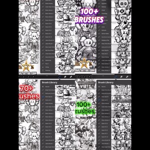 May include: Digital art brush library with a black and white theme. The image displays multiple screens with various brush categories and character illustrations. Text includes "70+ brushes" and "100+ brushes", along with the website address tarzttattoo.com.