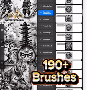 May include: Monochrome digital artwork showcasing Japanese traditional themes, such as samurai figures, pagodas, and a Daruma doll. The image includes a list of brush designs and the text "190+ Brushes". The website address INKSTARZTATTOO.COM is also visible.