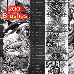 May include: Digital art brushes for Procreate, featuring a variety of tattoo-style designs. The image showcases a selection of brushes, including skulls, nautical themes, and marine life. The text reads "200+ Brushes" and "INKSTARZTATTOO.COM".