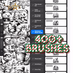 May include: A digital art interface showcasing Christmas-themed brushes. The interface presents a gallery of winter illustrations, including snowmen, Santa Claus, and reindeer. The text "400+ BRUSHES" is displayed in red and green.