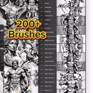 以下が含まれることがあります： さまざまなデザインオプションを備えたブラシライブラリを表示するデジタルアートアプリのインターフェース。画面には、ギリシャをテーマにしたデザインや「200+ Brushes」というテキストなど、さまざまなブラシが表示されます。 Inkstarz Tattooのロゴが表示されています。