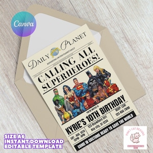 May include: A printable invitation for a superhero themed birthday party. The invitation is designed to look like a newspaper with the headline "Calling All Superheroes!" and a photo of various superheroes. The text below the headline reads "You're invited to Kyrie's 10th Birthday" with the date, time, and location of the party. The invitation also includes the text "Come in costume ready to save the world!"