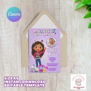 Bewerkbare Gabby-poppenhuis verjaardagsuitnodiging, Gabby-poppenhuis, meisje uitnodigen, digitale cartoon kinderen uitnodigen, afdrukbare kinderen uitnodigen, Canva