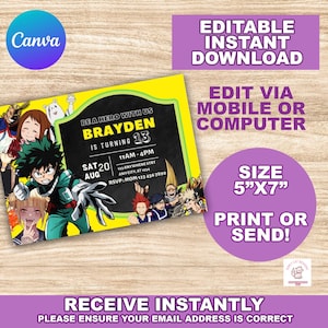 My Hero Academia Birthday Invitation, Anime Theme Party, Instant Download, Canva, MHA invite, Digital MHA invite, Anime Invite, Printable
