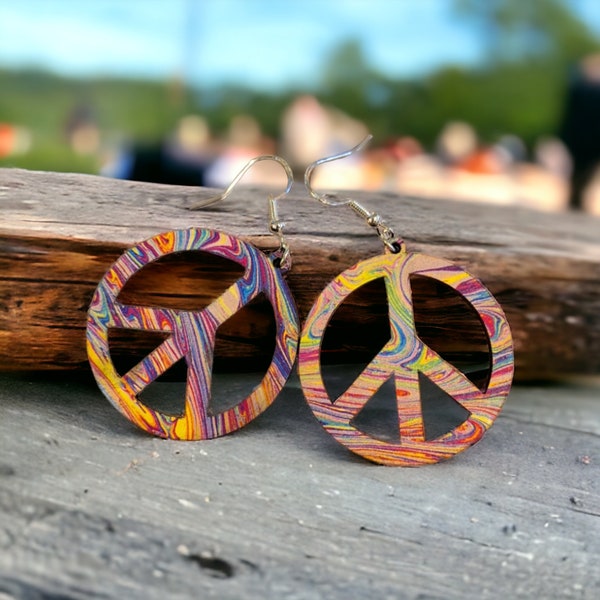 Wooden Peace Sign Earrings, Colorful Swirl Design, Laser Cut Boho Earrings, Unique Jewelry