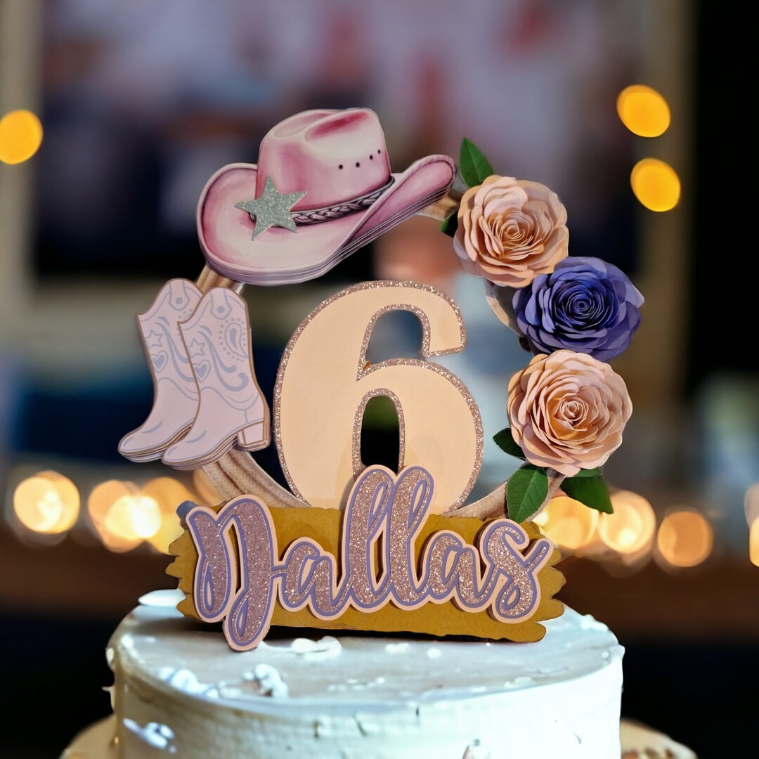 Lets Go Cowgirl Cake Topper - Glitter Western Birthday Decor, 5.6x5.4", Cowgirl Hat & Boots - View #4