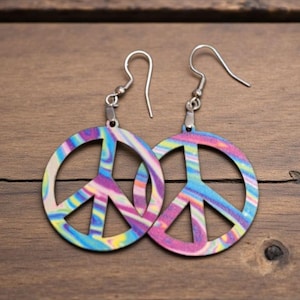 Vibrant Wooden Peace Sign Earrings: Laser-Cut Boho Swirl Design - Unique Colorful Statement Jewelry