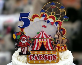 Personalized Handmade Circus Scene Cake Topper - A Fun Addition to Your Birthday Celebration!