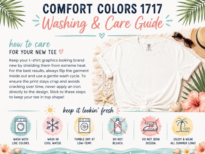 K&ouml;nnte beinhalten: Eine Wasch- und Pflegeanleitung f&uuml;r das Comfort Colors 1717 T-Shirt. Der Text empfiehlt, das Kleidungsst&uuml;ck auf links in kaltem Wasser zu waschen, bei niedriger Temperatur zu trocknen, Bleichmittel zu vermeiden und das Design nicht zu b&uuml;geln.