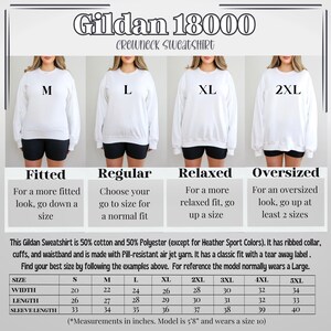 May include: Size chart for Gildan 18000 crewneck sweatshirts. The chart shows the measurements in inches for different sizes: S, M, L, XL, 2XL, 3XL, 4XL, and 5XL. The chart also includes the width, length, and sleeve length for each size.