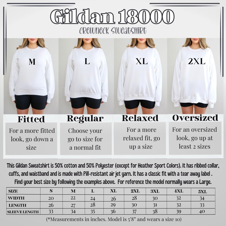 May include: Size chart for Gildan 18000 crewneck sweatshirts. The chart shows the measurements in inches for different sizes: S, M, L, XL, 2XL, 3XL, 4XL, and 5XL. The chart also includes the width, length, and sleeve length for each size.