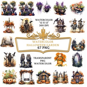 67 PNG Watercolor Halloween Garden Clipart Bundle| Spooky Halloween Decor | Scary Halloween PNG Clipart | Junk Journal Halloween Sublimation