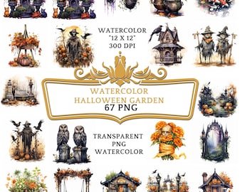 67 PNG Acquerello Halloween Garden Clipart Bundle / Spooky Halloween Decor / Spaventoso Halloween PNG Clipart / Junk Journal Halloween Sublimazione
