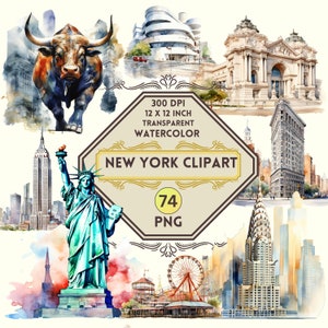 74 Watercolor New York PNG ClipArt Bundle, New York Summer Travel, Landmark Food ClipArt, USA Vacation, Dream Travel Clipart, Commercial Use