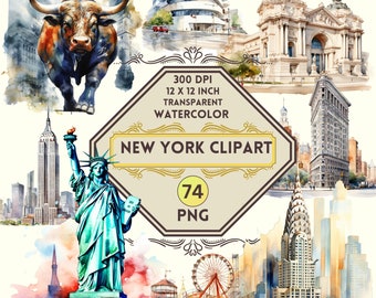 74 Watercolor New York PNG ClipArt Bundle, New York Summer Travel, Landmark Food ClipArt, USA Vacation, Dream Travel Clipart, Commercial Use