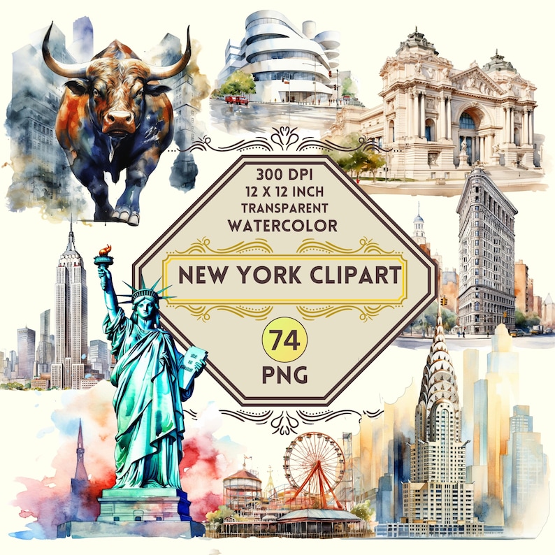 May include: Watercolor illustration of iconic New York City landmarks, including the Statue of Liberty, the Empire State Building, the Flatiron Building, and the Chrysler Building. The image also features a bull, a Ferris wheel, and a cityscape. The text "New York Clipart" is displayed in a decorative frame.