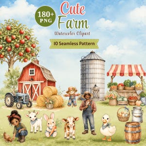 180x Watercolor Cute Farm Clipart, Barnyard Barn, Animal & Farmers PNG, Whimsical Countryside Nursery Graphics, Little Farmer Elements Art