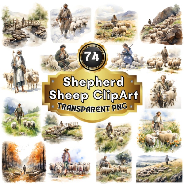 74 Watercolor Shepherd and Sheep Cliparts, Pastoral Charm Set: Rustic Farm Animal Illustrations for Country-themed Decor, Crafts & Education