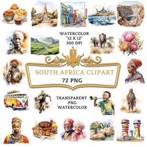 72 "Watercolor South Africa PNG ClipArt Bundle, South African Safari, Cape Town, Johannesburg, Table Mountain, Kruger National Park Zulu Art