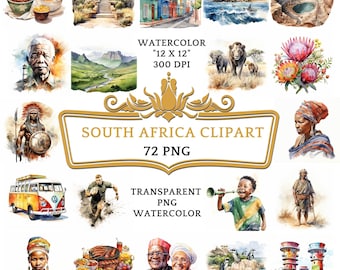 Paquete de 72 imágenes PNG de Sudáfrica en acuarela: Safari sudafricano, Ciudad del Cabo, Johannesburgo, Montaña de la Mesa, Parque Nacional Kruger, arte zulú.