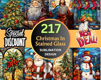 217 Christmas In Stained Glass Clipart Bundle: PNG Sublimation Designs with Ornaments, Snowflakes, Trees, Snowmen, and Wintry Scenes