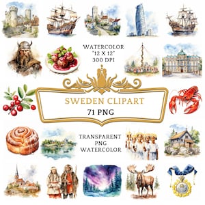 71 Watercolor Sweden PNG ClipArt Bundle, Swedish Summer Travel Clip Art, Scandinavia Vacation, Midsummer Celebration, Viking History Art
