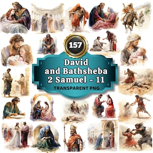 May include: A watercolor painting depicting scenes from the biblical story of David and Bathsheba. The painting is titled "David and Bathsheba 2 Samuel - 11" and includes the number "157".