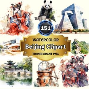 151 Pacote de clipart em aquarela de Pequim, paisagens urbanas chinesas, casas e ícones de viagens para confecção de cartões de felicitações e projetos com tema de cidade