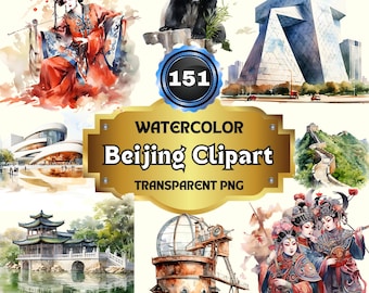 151 Watercolor Beijing Clipart Bundle, Chinese Cityscapes, Houses, and Travel Icons for Greetings Card Making and City-Themed Projects