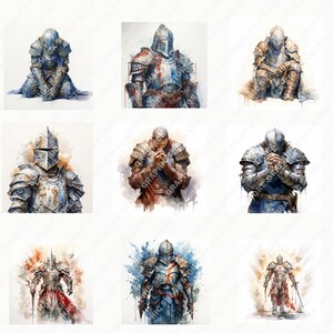 May include: A collection of nine watercolor paintings depicting knights in various poses. The knights are wearing armor and are depicted in a variety of settings, including a battlefield, a forest, and a castle. The paintings are all done in a realistic style and feature a variety of colors, including blue, green, brown, and red.