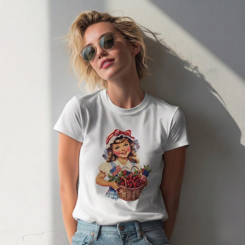 May include: White t-shirt featuring a vintage illustration of a girl holding a basket of cherries, wearing a red, white, and blue hat. The graphic has a patriotic theme, with American flags in the basket. The shirt is a classic crew neck.