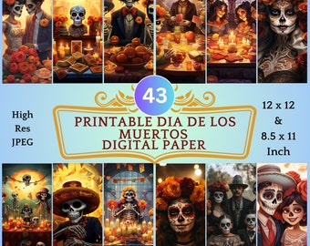 43 utskrivbara Dia De Los Muertos digitala papper | Day of the Dead-bakgrund, Fiesta of the Dead digital bakgrund, kommersiell licens