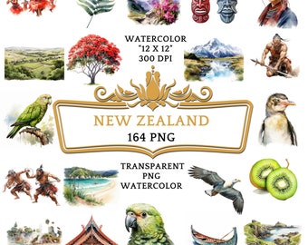 Paquete de imágenes prediseñadas de acuarela de Nueva Zelanda / 164 imágenes prediseñadas de viajes de verano de Nueva Zelanda, vacaciones en Nueva Zelanda, imágenes prediseñadas de viajes de ensueño, uso comercial.