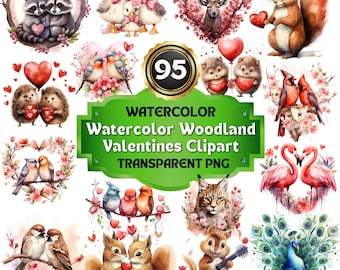 95 Watercolor Woodland Animal Valentines Edition, Cute Romantic Creatures, Valentine Baby Shower PNG Clipart, Nursery Cute Baby Love Edition