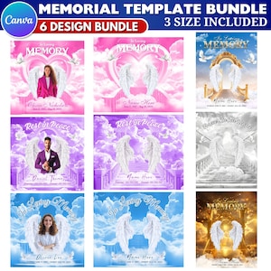 May include: A set of six memorial templates featuring different designs with angel wings, clouds, and a stairway to heaven. The templates are available in three sizes and include the text "In Loving Memory", "Rest in Peace", and "Forever In Our Hearts".