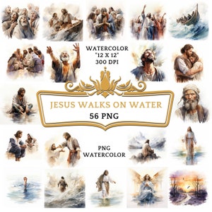 56 PNG Watercolor Jesus Walks on Water Clipart | Christian Religious Bible Based Story For Sublimation, Sunday School Or Digital Print