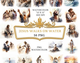 56 PNG Watercolor Jesus Walks on Water Clipart | Christian Religious Bible Based Story For Sublimation, Sunday School Or Digital Print