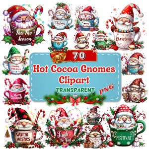 70x Cozy Cocoa Gnomes Watercolor PNG Cliparts - Adorable Gnome Designs with Hot Cocoa for Winter Crafts & Holiday Decor
