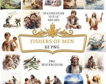 62 png-aquarel vissers van mannen clipart, christelijk religieus op de bijbel gebaseerd verhaal voor sublimatie scrapbooking ongewenste dagboek digitaal printen