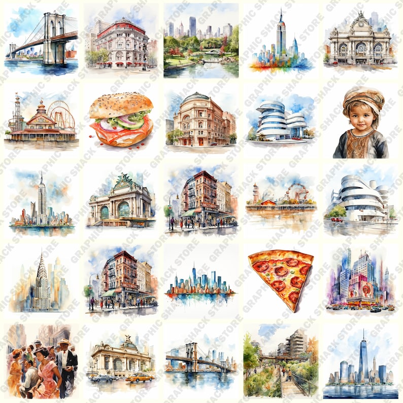 May include: A watercolor illustration collage of various New York City landmarks, including the Brooklyn Bridge, Grand Central Station, the Empire State Building, and the Chrysler Building. The collage also includes a slice of pizza, a sandwich, and a child wearing a hat.