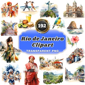 192 Watercolor Rio de Janeiro Clipart PNG Bundle, Brazil Colorful and Lively Landmark Illustrations for Travel Themes, Art & Decor
