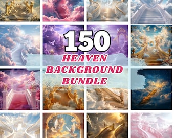 150x Heaven Background PNG Bundle, In Loving Memory PNG, Blue Purple Pink Golden Yellow Sunset, Garden, Cloud, Heaven Stair Steps & Gate