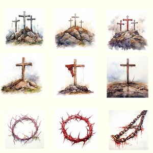 May include: Watercolor paintings of religious symbols. The image features multiple depictions of wooden crosses on rocky hills, a crown of thorns, and a chain. The color palette includes browns, reds, and blues, with a focus on the textures of the watercolor medium.